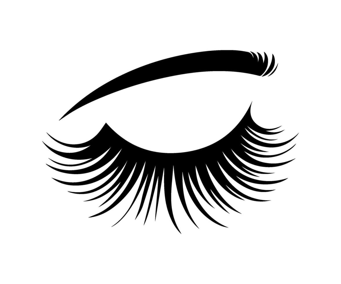 Closed eye. Beauty salon. Eyelash extensions. Beautiful long eyelashes. Icon of woman eyelashes and eyebrows. Monochrome illustration. vector