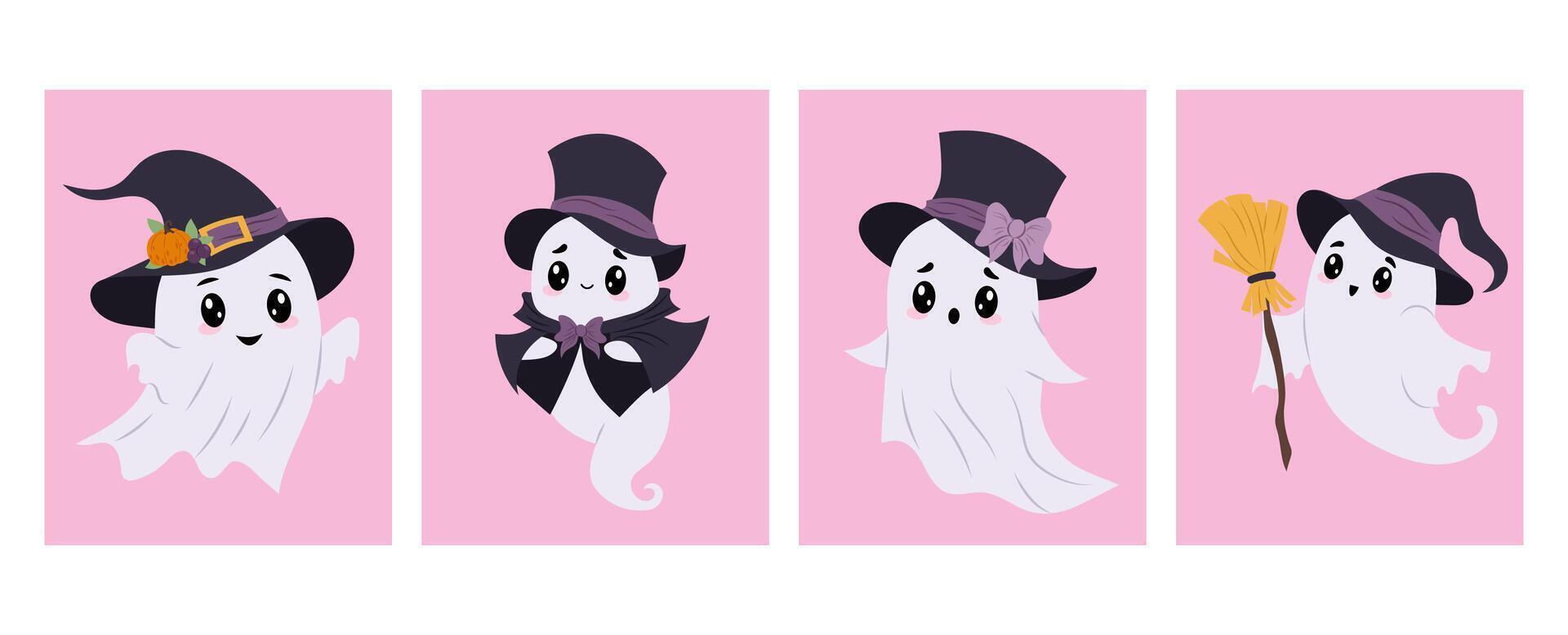 Kids Halloween character. Set of cute ghosts isolated on coloured background. Ghosts in different Halloween costumes. Flat illustration in hand drawn style. vector