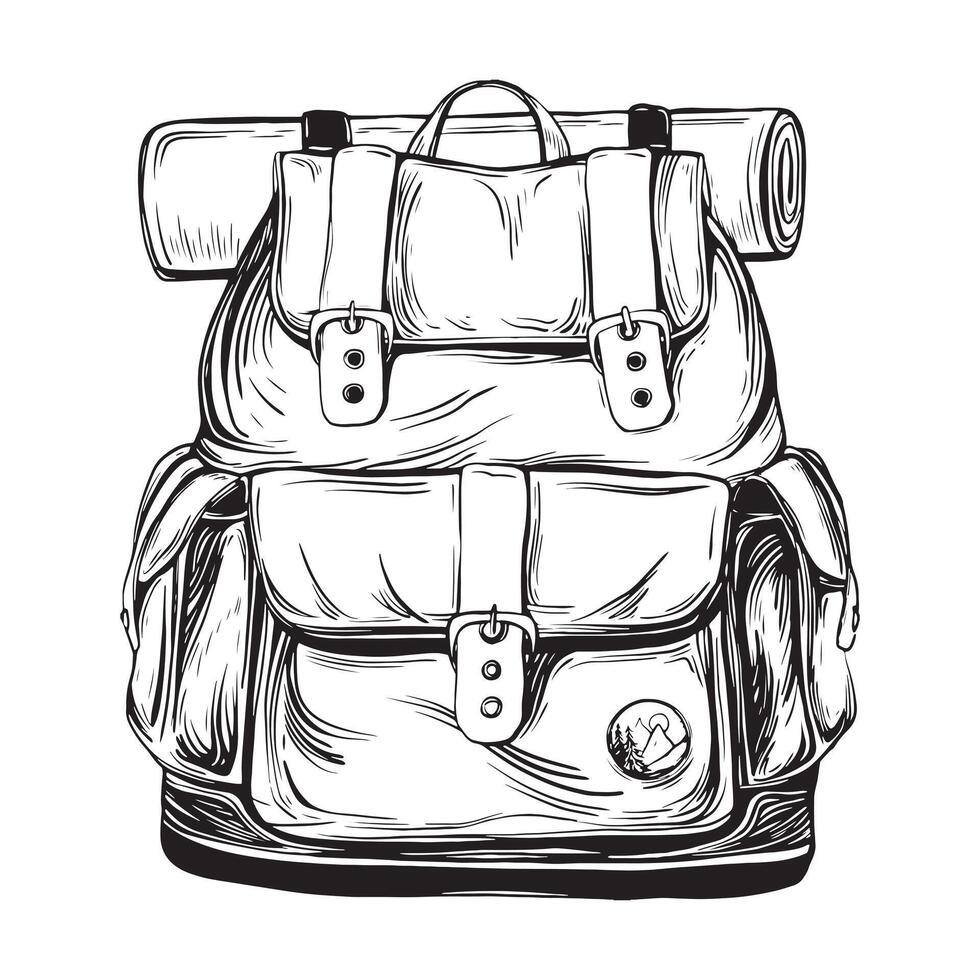 Backpack illustration in linear drawing style. Hand drawn drawing sketch of travel bag for adventure or camping on isolated background. Black etching of luggage for tourism trip or hiking. vector