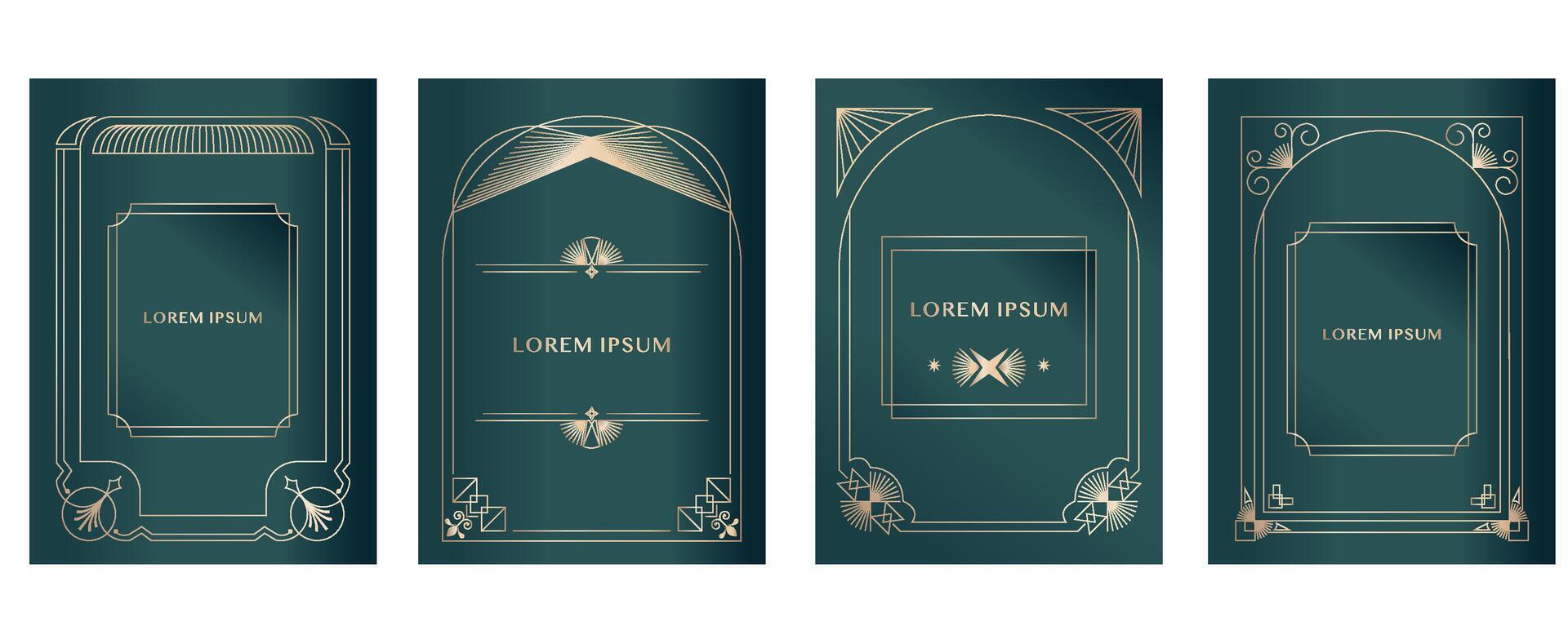 Vintage deco frame on dark green backgronud. Abstract decoration template for a4 vertical design vector