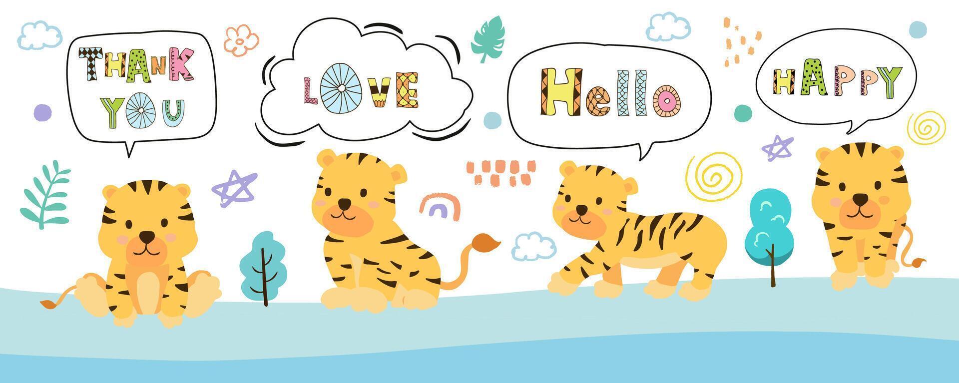 cute baby tiger template banner with hello,thank you for horizontal design vector