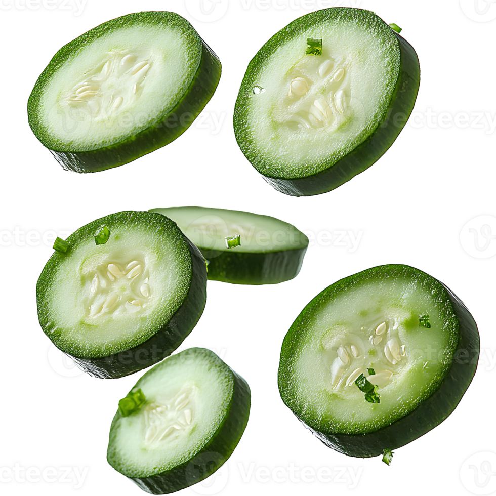 Falling cucumber pieces . Cucumber slices falling from the top for organic vegetable campaign full of vitamins. Cucumber slices flying . Cucumber pieces falling isolated png