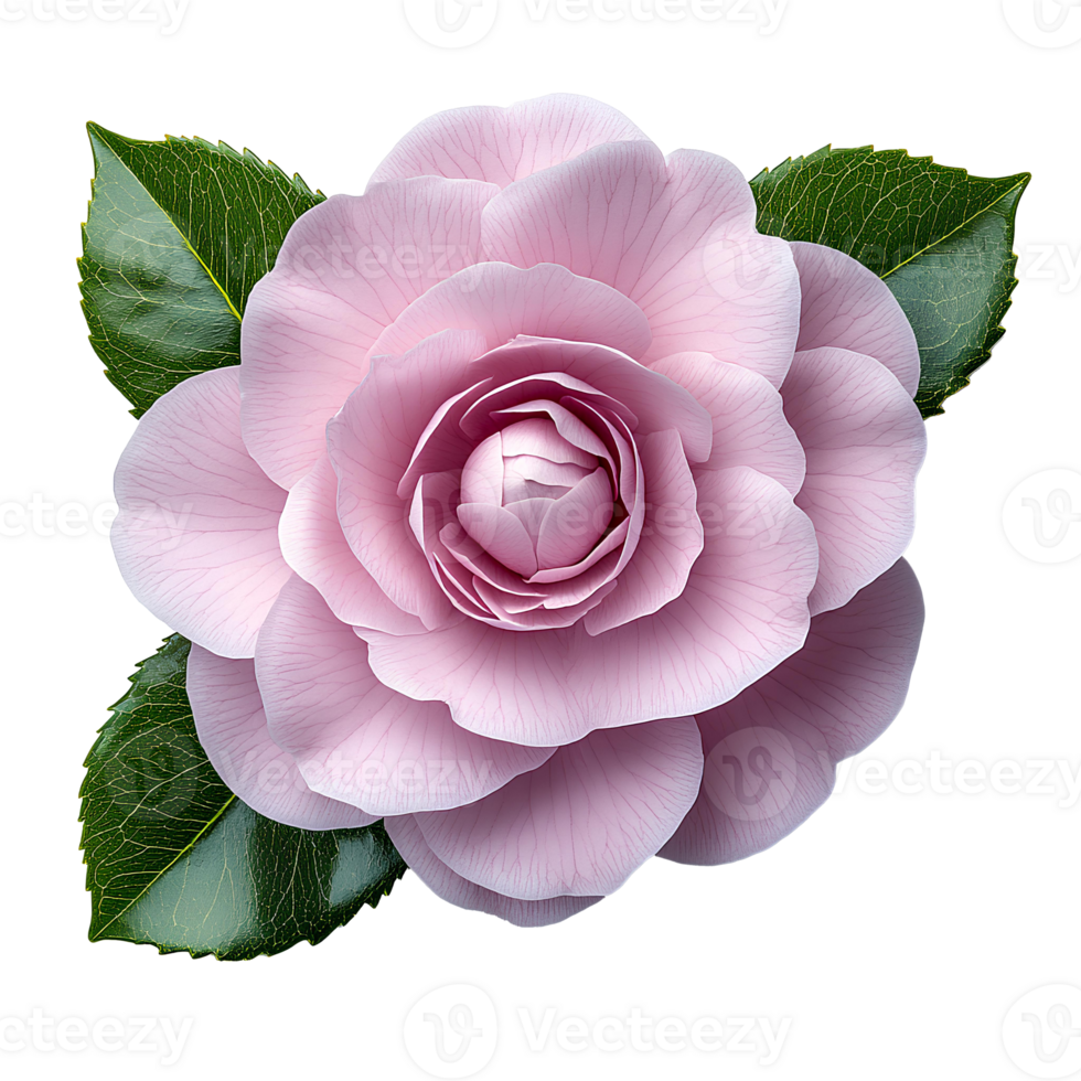 Pink camellia flower top view , flat lay design, isolated on transparent background. Elegant camellia flower with green leaves png