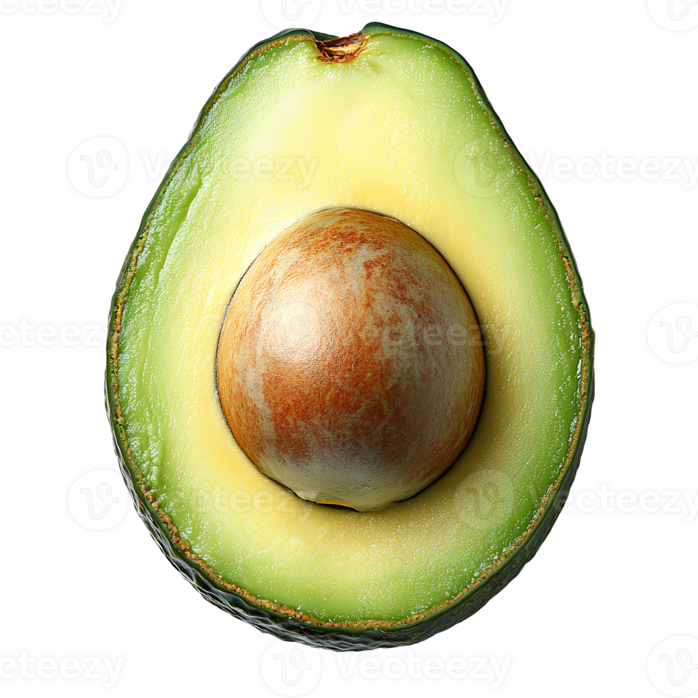 Avocado slice , top view, flat lay design, isolated on transparent background. Fresh green avocado slice with seed, showcasing creamy texture and vibrant color. Perfect for healthy food preparation png
