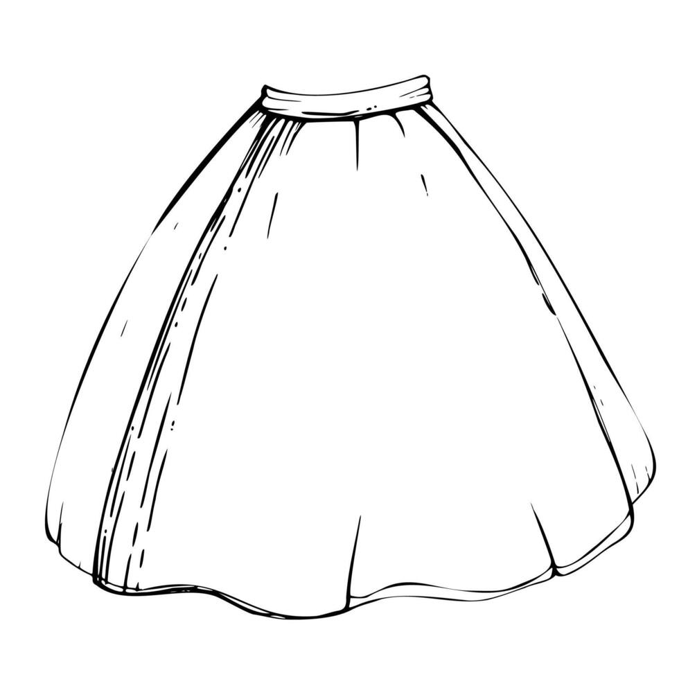 Traditional dress skirt apron of Tyrol, Alps South American peasant female fashion, flared a line silhouette. Hand drawn ink illustration isolated on white. Design tailor atelier, clothes shop vector