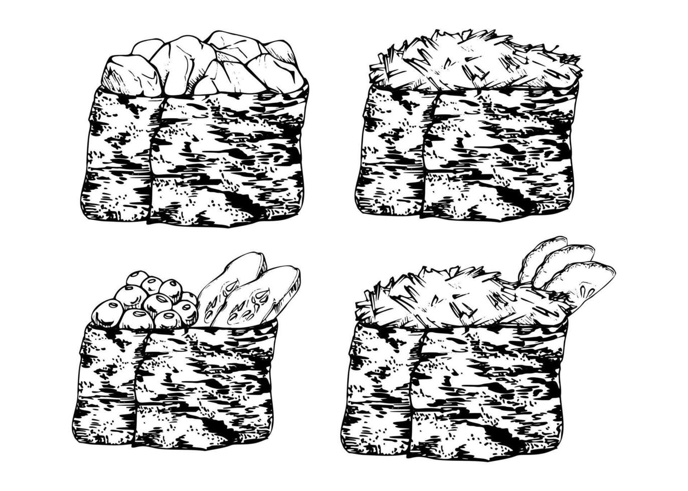 Traditional Japanese food, gunkan sushi seaweed nori wrap, raw fish salmon tuna crab seabass caviar cucumber hand drawn in pen and ink. Set of elements for restaurant, cafe menu, recipe book vector
