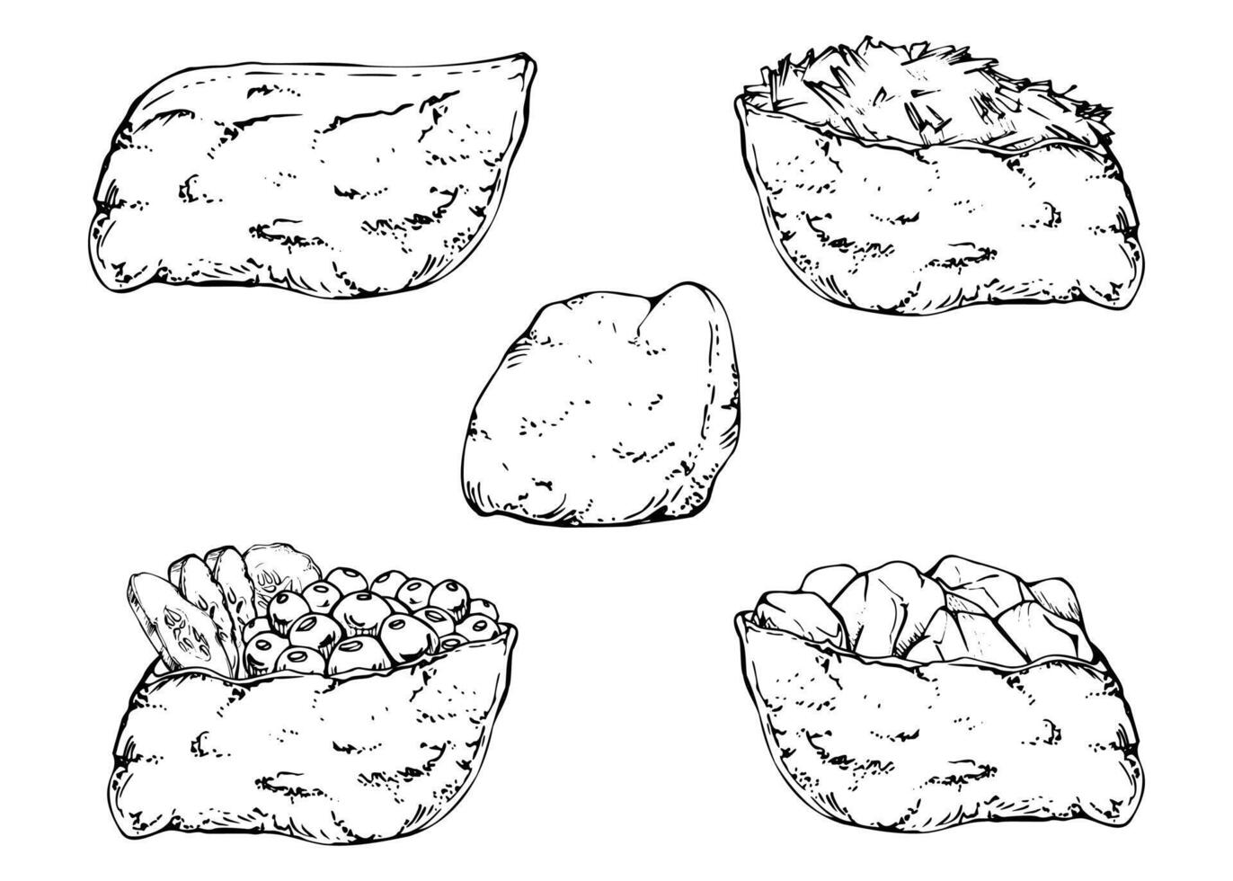 Traditional Japanese food, inari sushi with raw fish salmon tuna crab, tofu wrap, caviar cucumber ginger hand drawn in pen, ink. Set of elements for restaurant, cafe menu, kitchen, recipe book vector