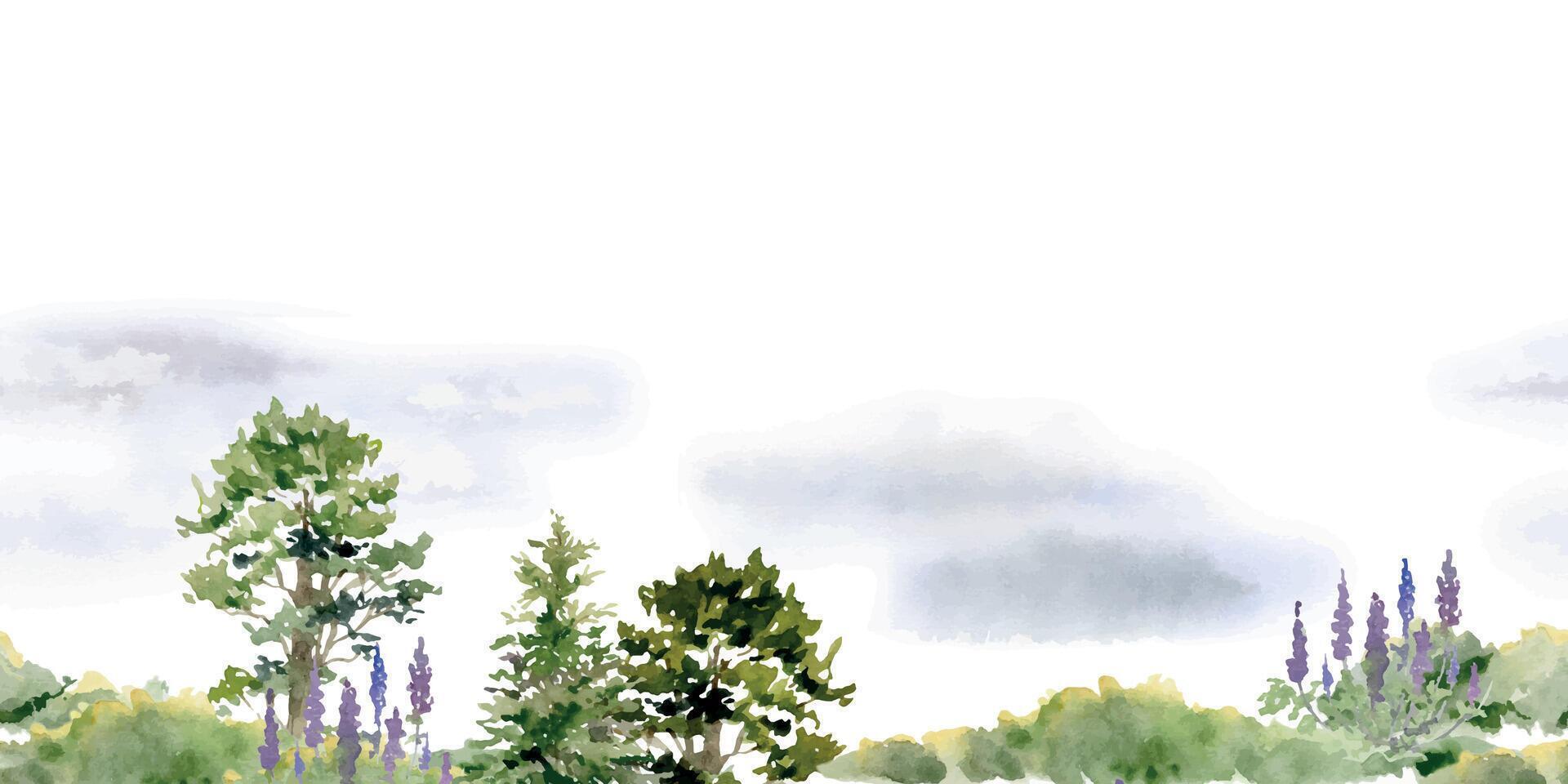 Scenery landscape of forest meadow grassland with bushes flowers, cloudy sky, pine tree alpine vista, hand drawn in watercolor. Seamless banner for tourism, resort ads, hiking camping sites, vacation. vector