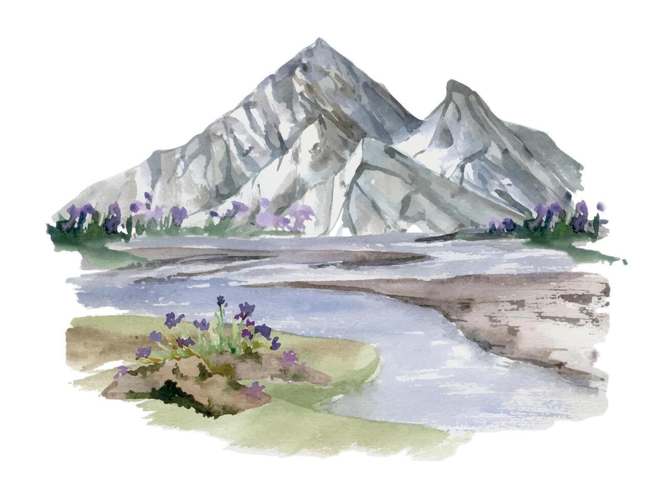 Scenery landscape of mountain range snowy peaks, river lake fields meadow swamp flowers alpine vista hand drawn in watercolor. Illustration for tourism map, resort ads, hiking camping sites, vacation. vector