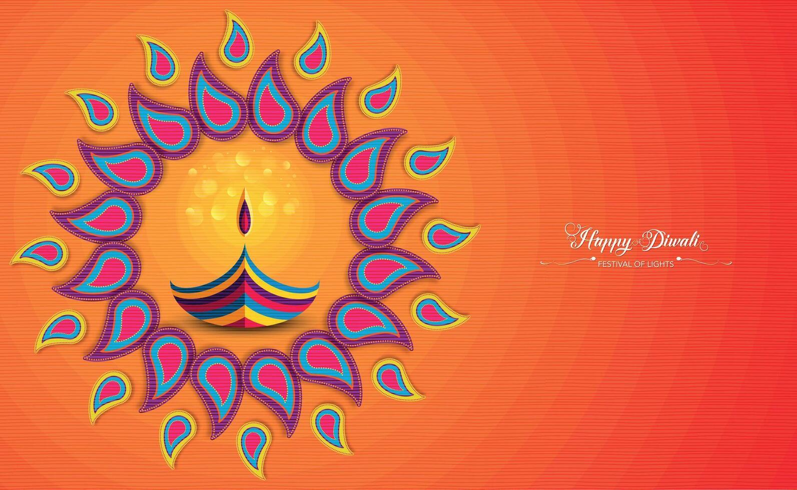 Happy Diwali Festival of Lights India Celebration colorful template. Graphic banner design of Indian Diya Oil Lamp Mandala, paper cut border frame design. festive isolated on orange background vector