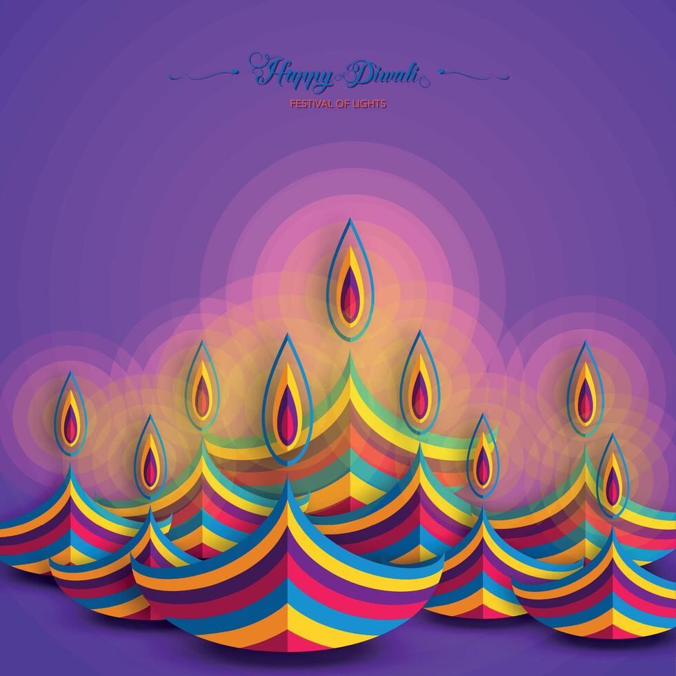 Happy Diwali Festival of Lights India Celebration colorful template. Graphic banner design of Indian Diya Oil Lamps, paper cut design. festive isolated on purple background vector