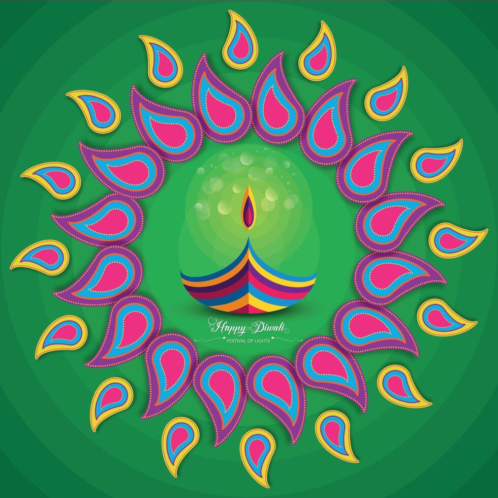 Happy Diwali Festival of Lights India Celebration colorful template. Graphic banner design of Indian Diya Oil Lamp Mandala, paper cut border frame design. festive isolated on green background vector