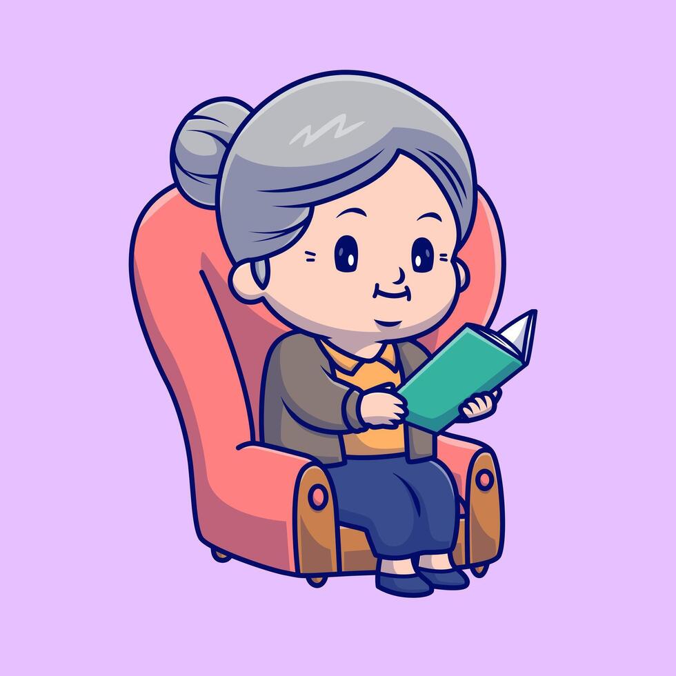 Cute Grandmother Reading Book on Sofa Cartoon vector