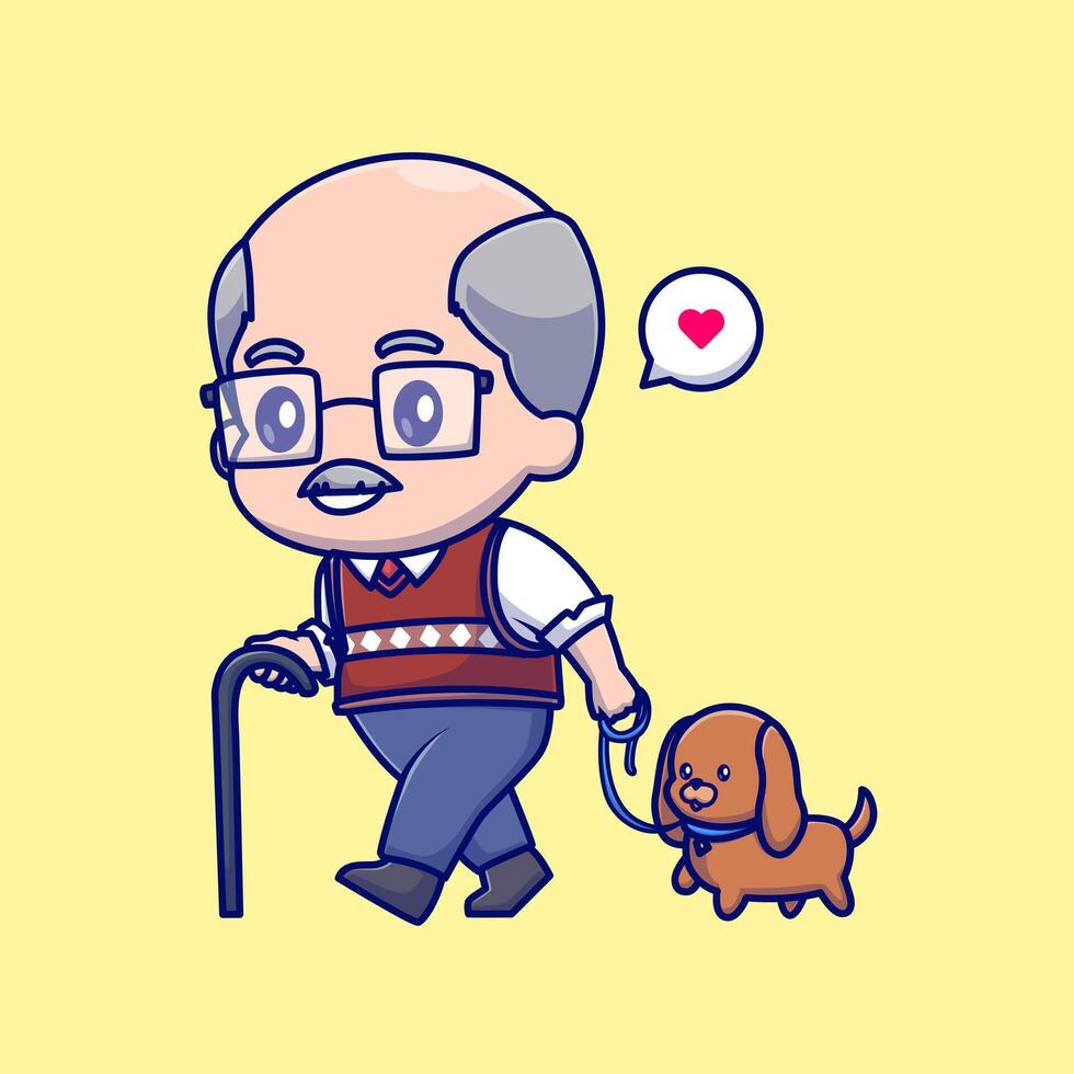 Cute Old Man Walking with Dog Cartoon vector