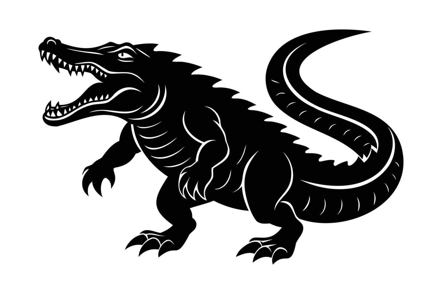 A black and white illustration of a crocodile vector