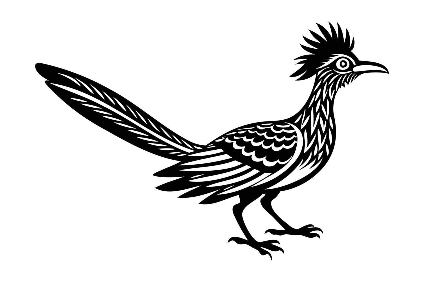 A black and white illustration of a roadrunner vector
