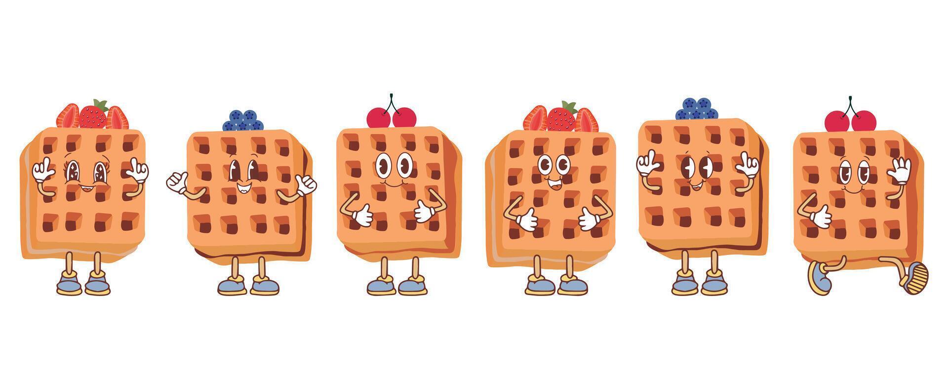 Waffle icon with various fillings. illustration of waffles in the style of kawaii, pastries for breakfast, sweet snack. vector