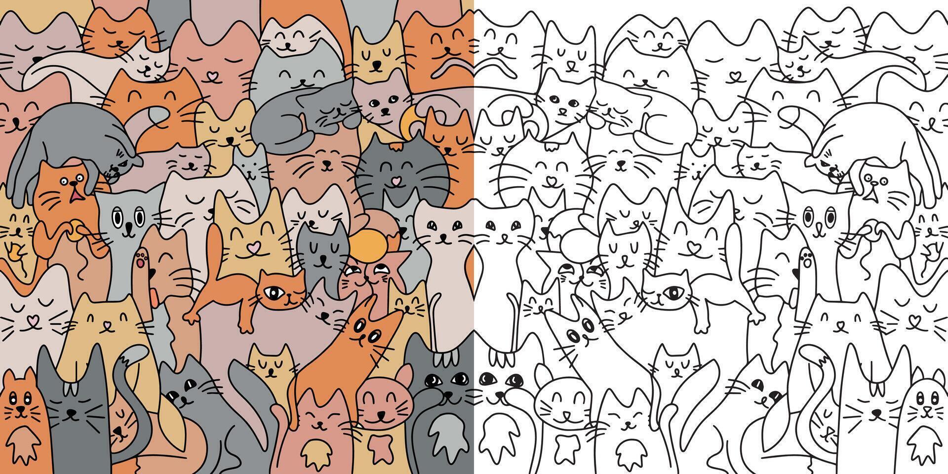Lots of cute cats. Background from cats. Coloring. illustration. Cute and funny cats doodle set. Cartoon cat or kitten characters design collection with flat color in different poses. vector