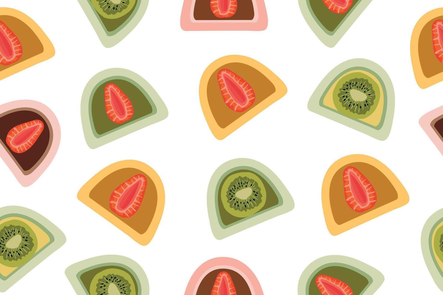 Seamless pattern. Beautiful mochi with strawberries and matcha. Traditional Japanese sweets. Asian desserts. Colored mochi with different fillings. vector