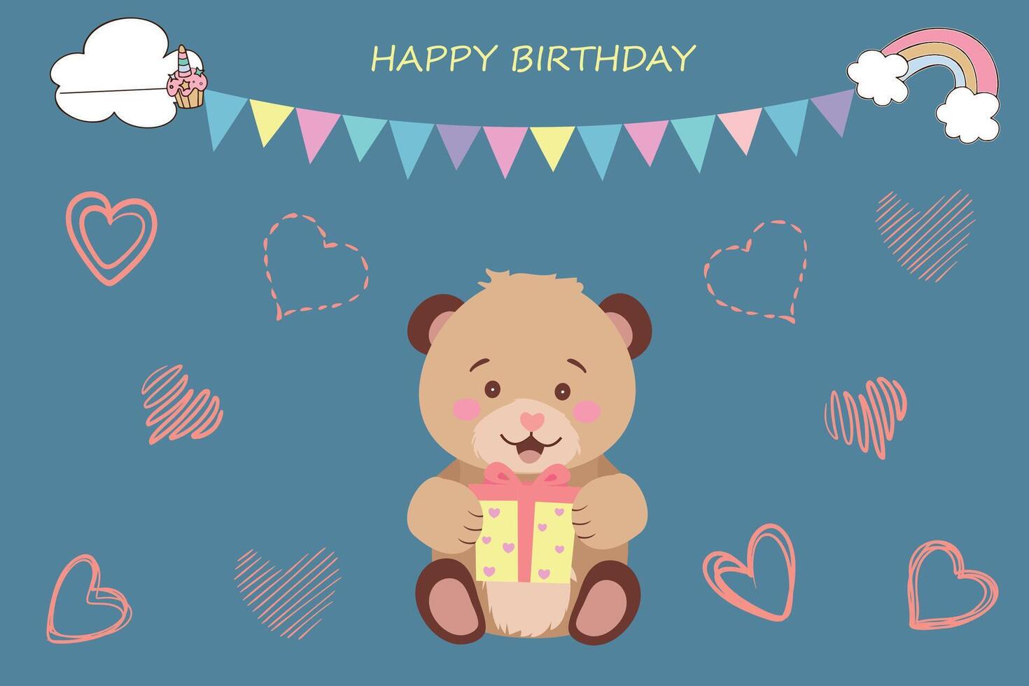 Greeting card cute teddy bear with a gift. Cute childish illustration for greeting cards, children's posters. illustration vector