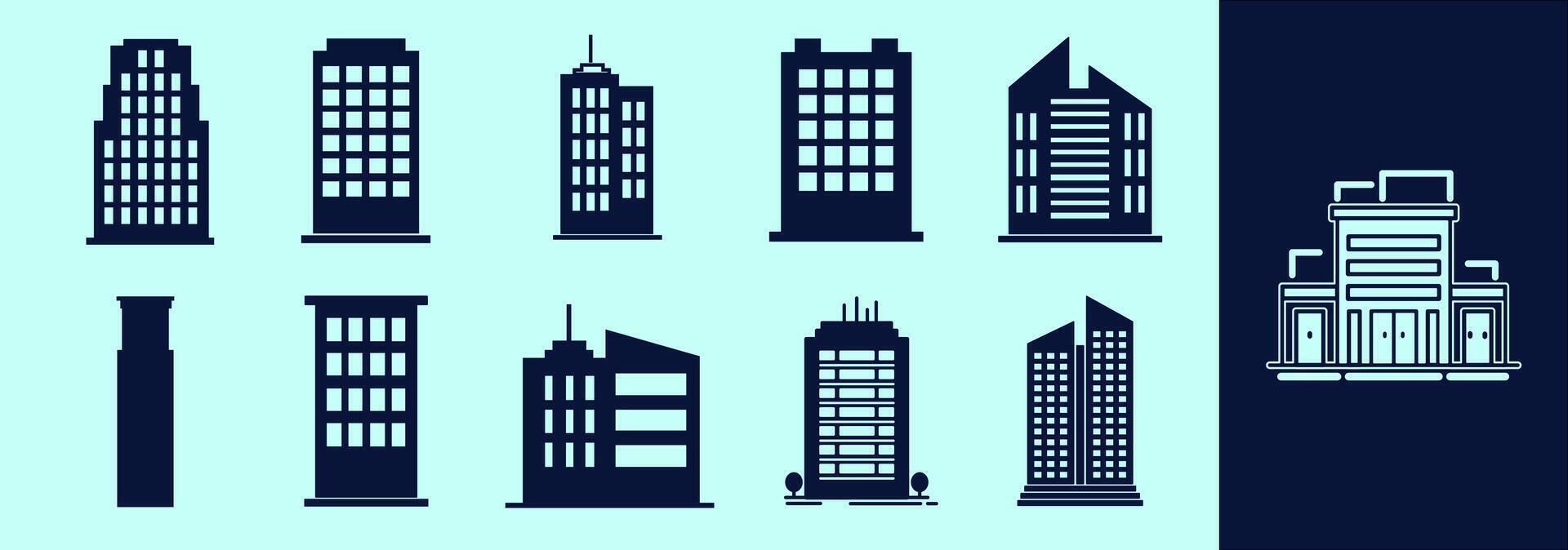 Buildings SOLID icon set for presentation, explanation, marketing. Building silhouettes of flats, offices, commercials and many more. Change to any size and any colour. Editable outline. vector