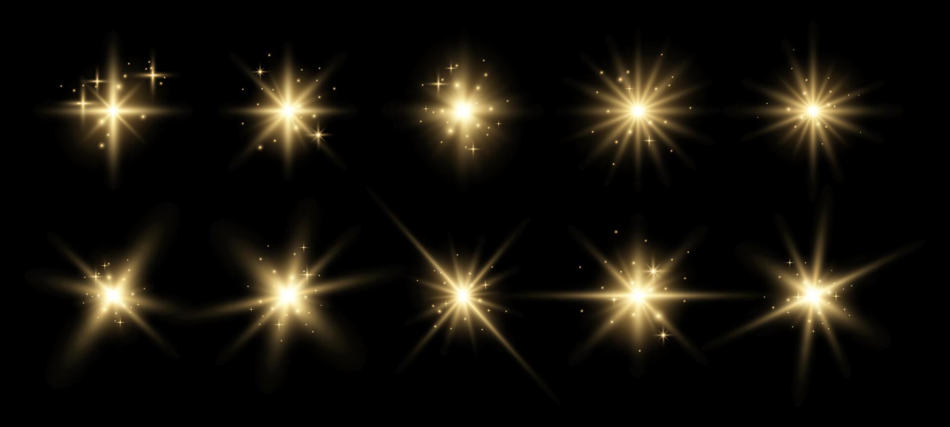 Set of golden glowing sparkles and stars, shining bursts with glitters and sequins around. Group of light effects on the black background. illustration. vector
