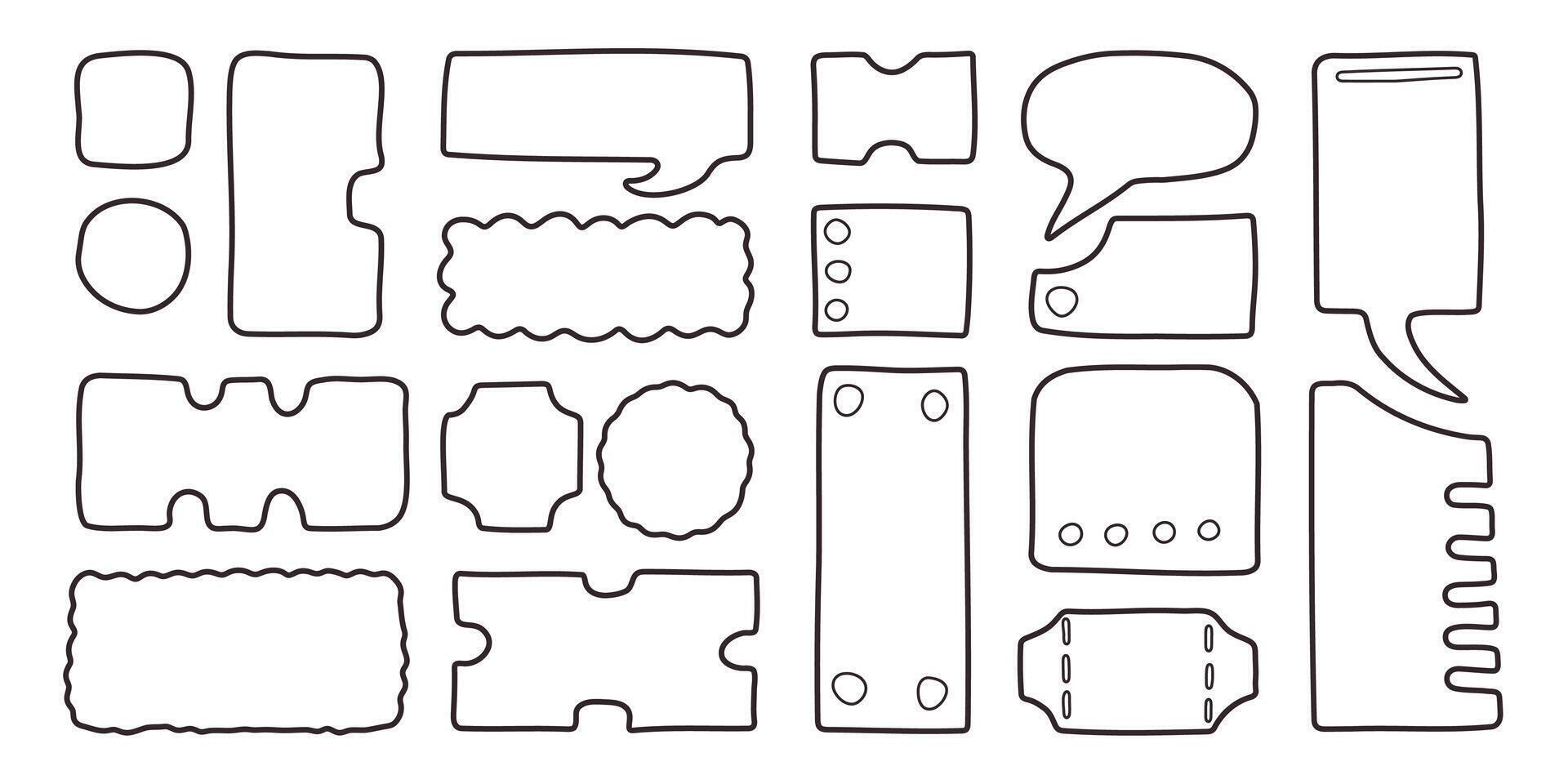 Set of outline text boxes, bubbles and hand drawn tickets. Doodle design elements. illustration. vector