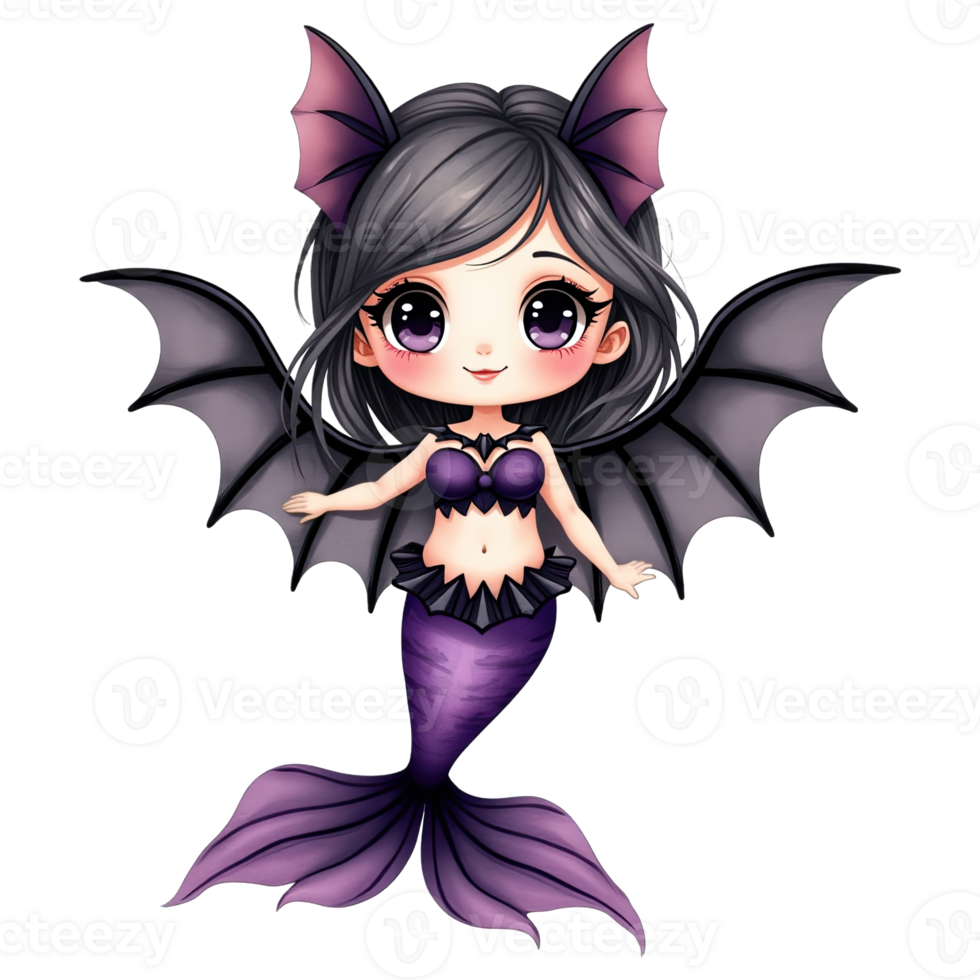 Chibi bat-winged mermaid with purple outfit and black hair, cute Halloween fantasy character illustration png