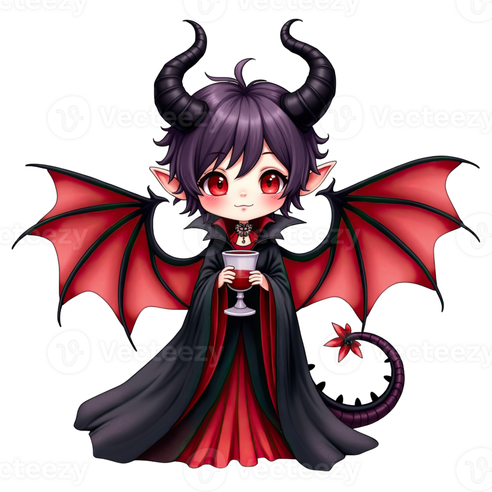 Chibi dragon girl vampire with red wings, horns, and gothic outfit holding a chalice in fantasy anime style png