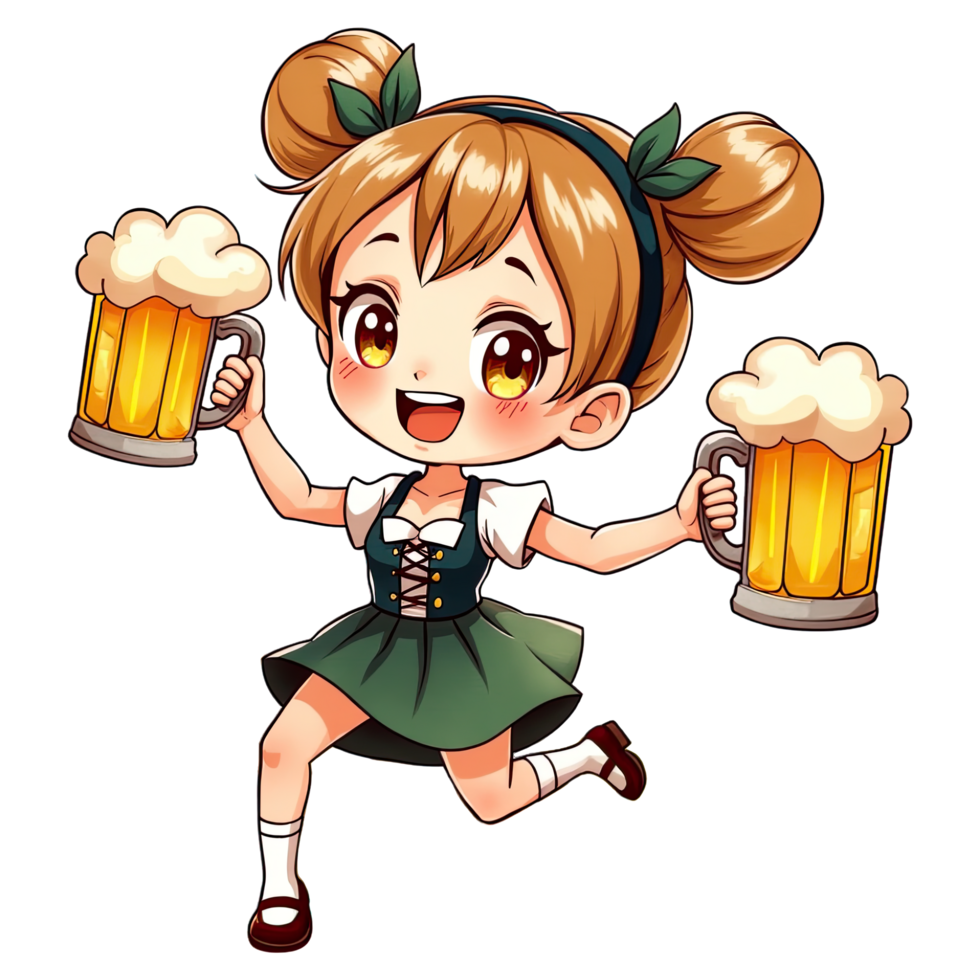 Cheerful Bavarian girl in dirndl holding two beer mugs, Oktoberfest cartoon illustration, German culture and festival celebration png