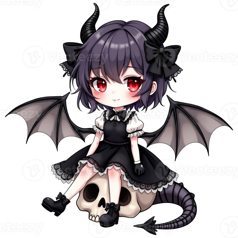 Chibi dragon girl in gothic black dress sitting on skull with wings and horns in fantasy anime style png