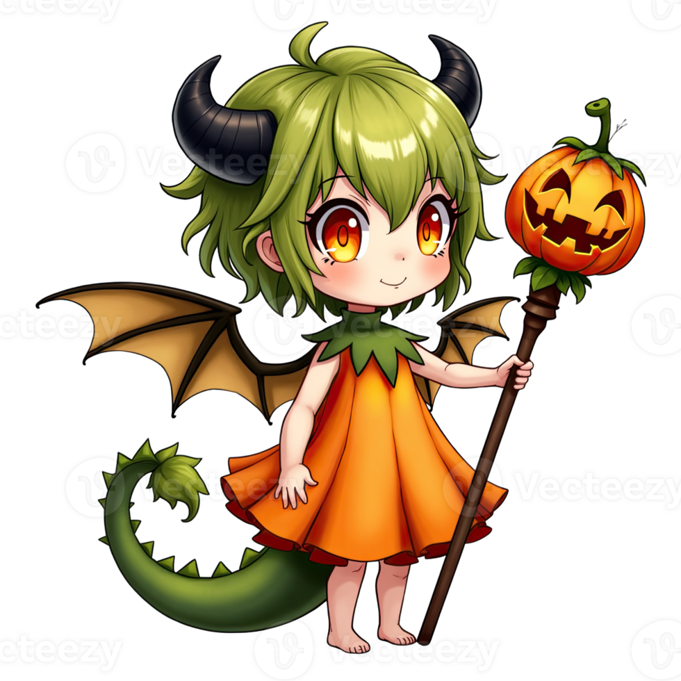 Chibi dragon girl in pumpkin costume holding jack-o'-lantern staff in fantasy anime style png