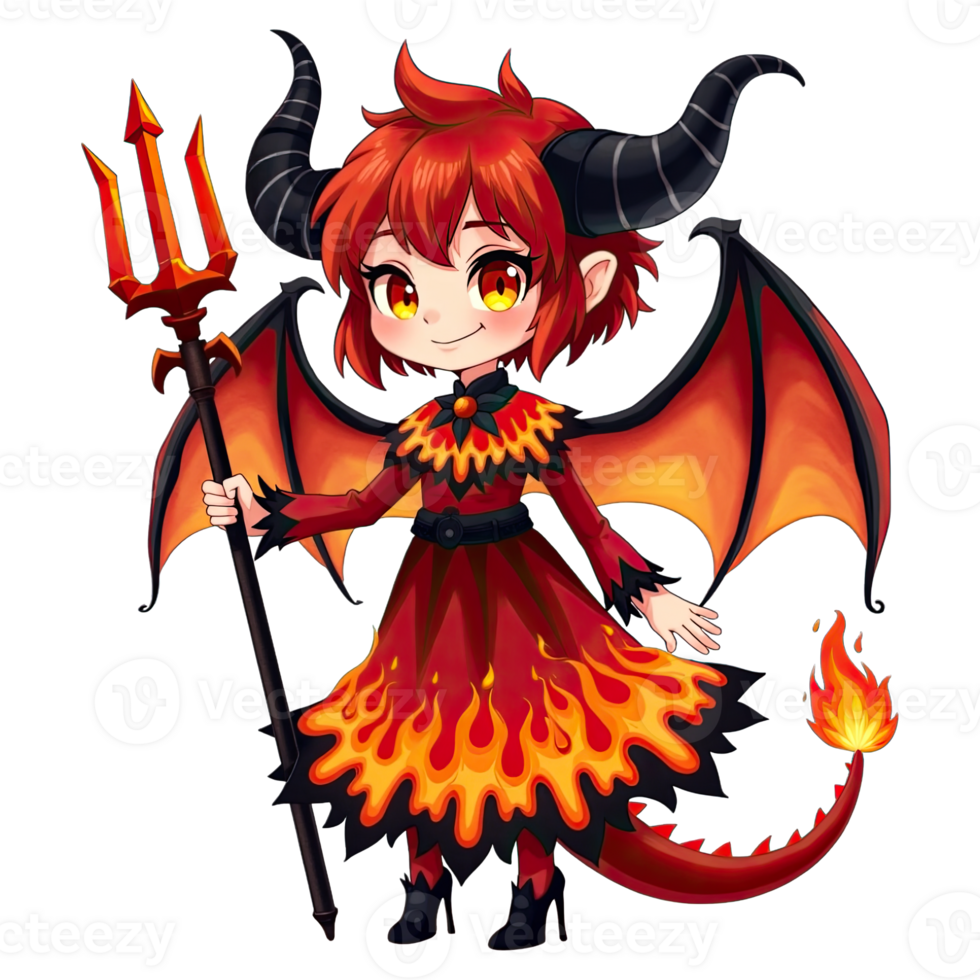Chibi dragon girl with fiery red wings, horns, and trident in flame-themed dress in fantasy anime style png