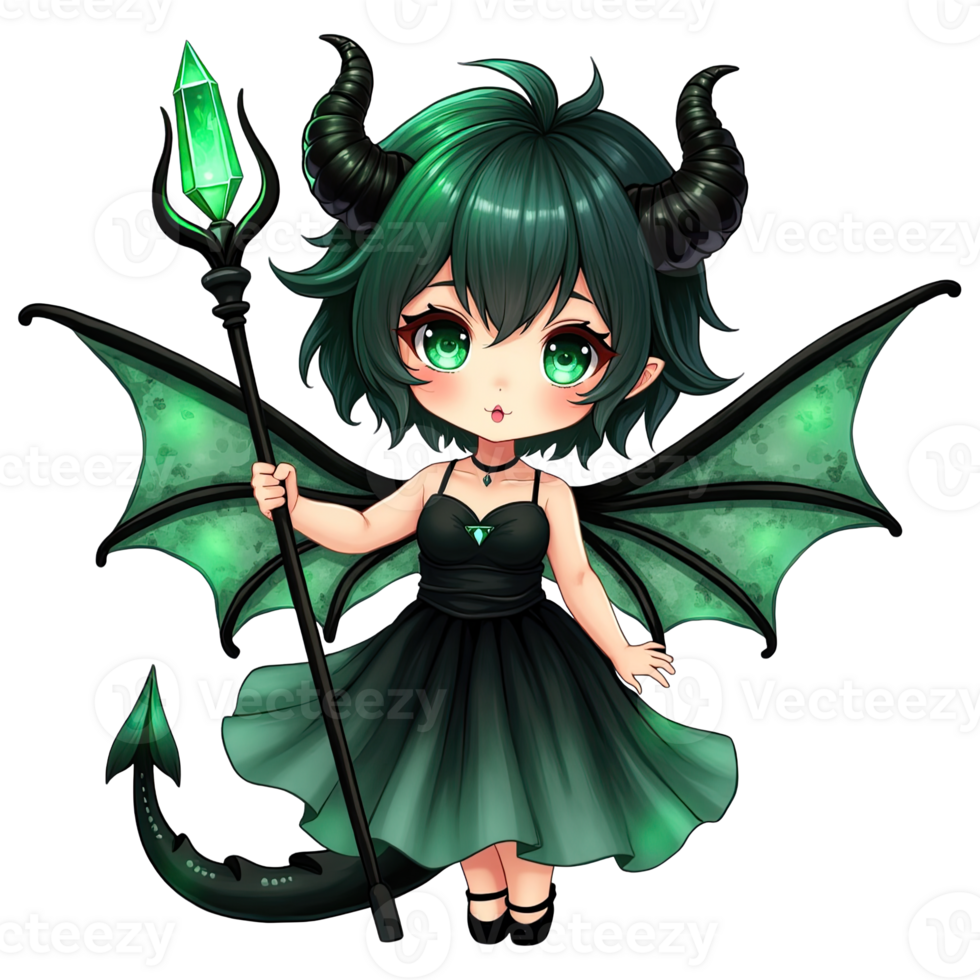 Chibi dragon girl with green wings, horns, black dress, and magical staff in fantasy anime style png