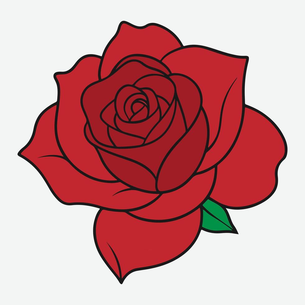 Decorative Red Rose. with green leaves. Flower icon. Beautiful red rose Isolated on white background. Realistic red rose lying on white background. vector