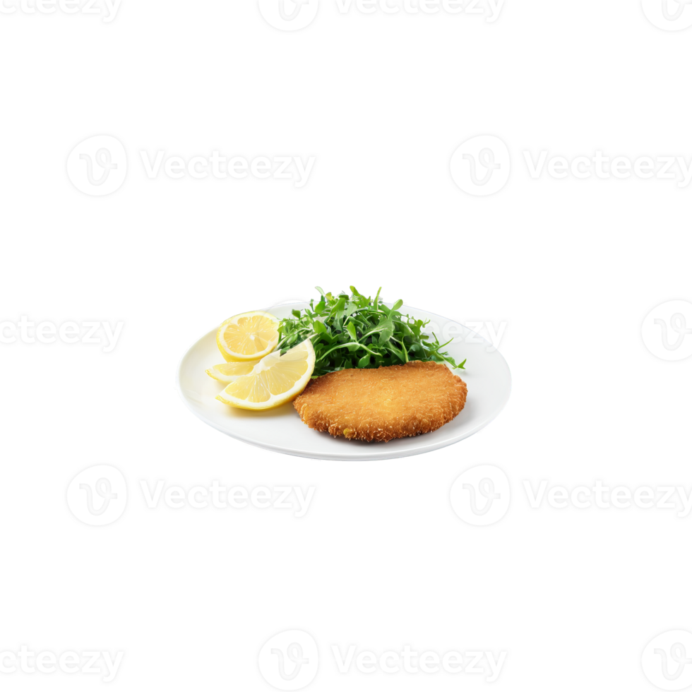 Veal Milanese breaded veal cutlet golden brown lemon wedge arugula garnish Culinary and Food concept png
