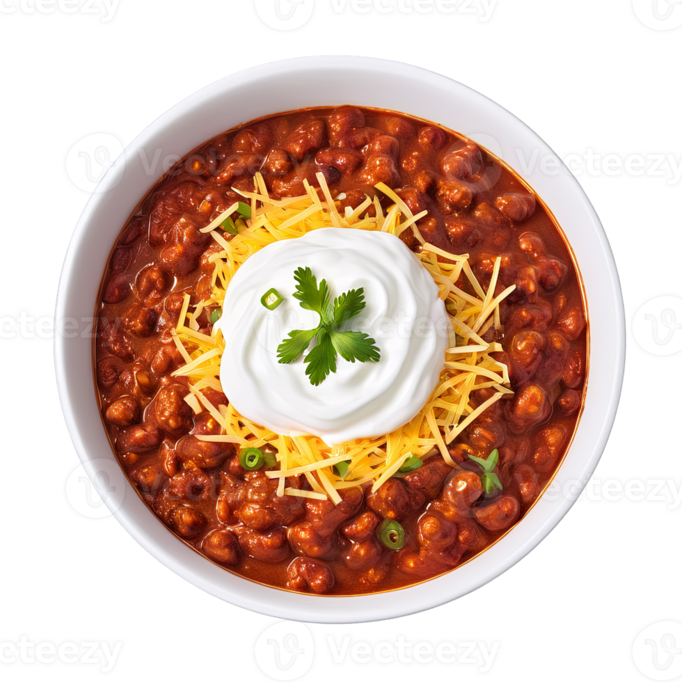 A comforting and hearty chili in a tall, slender glass bowl, garnished with shredded cheese, sour cream, png