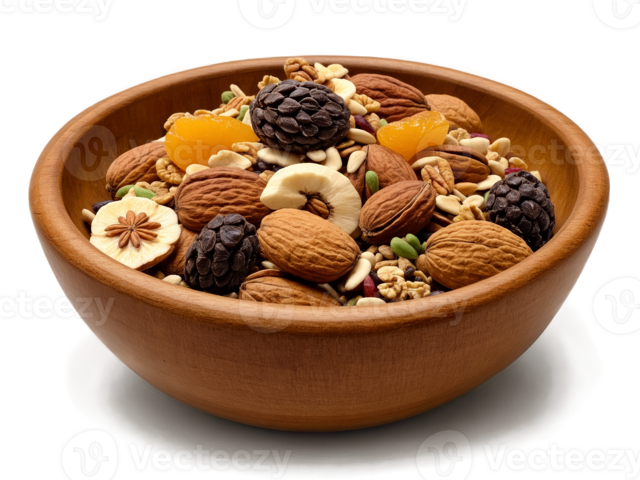 Trail Mix mix of nuts seeds and dried fruits served in small wooden bowl png