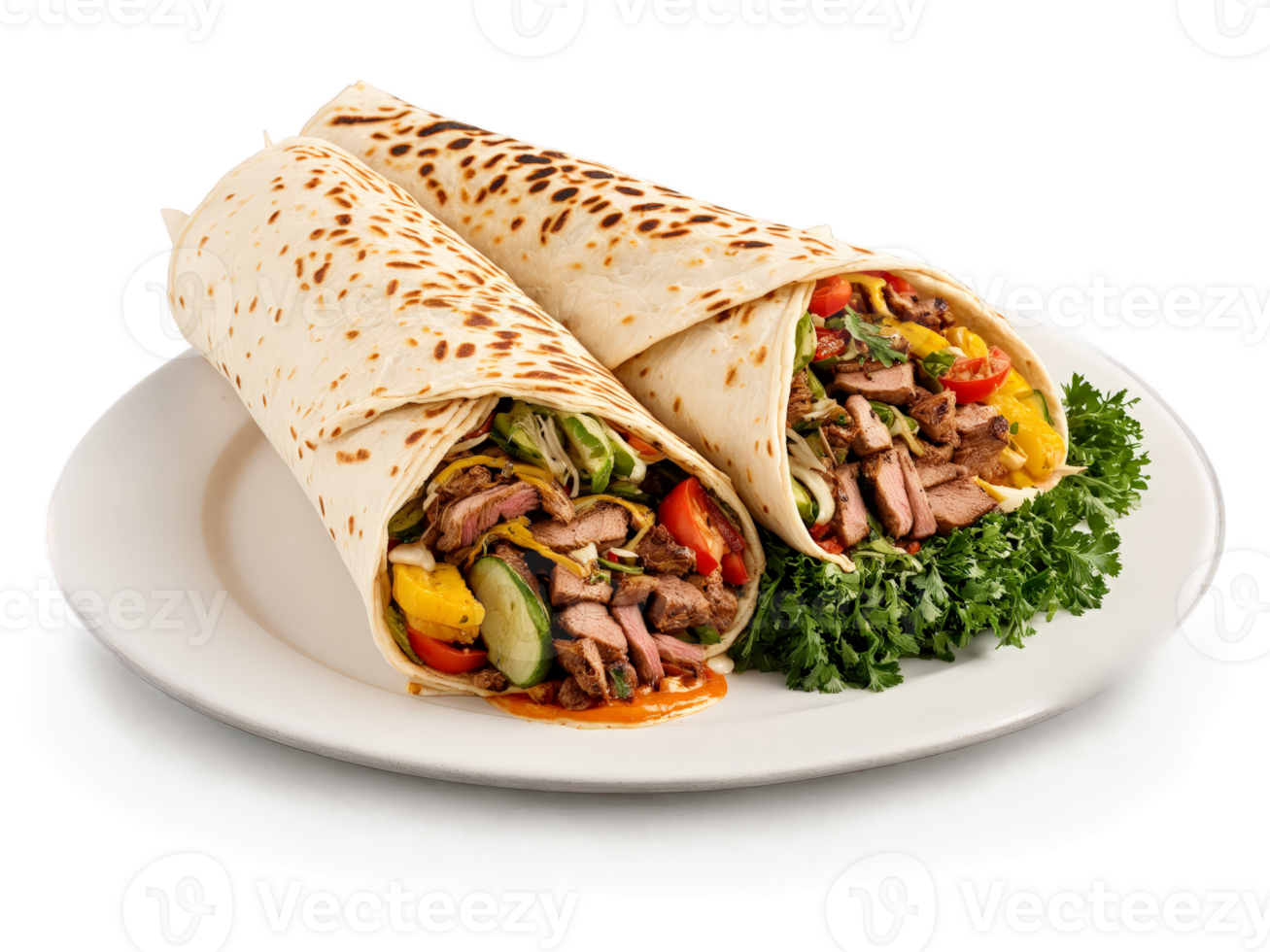 Shawarma with spit roasted meat vegetables and sauce on clean white surface png