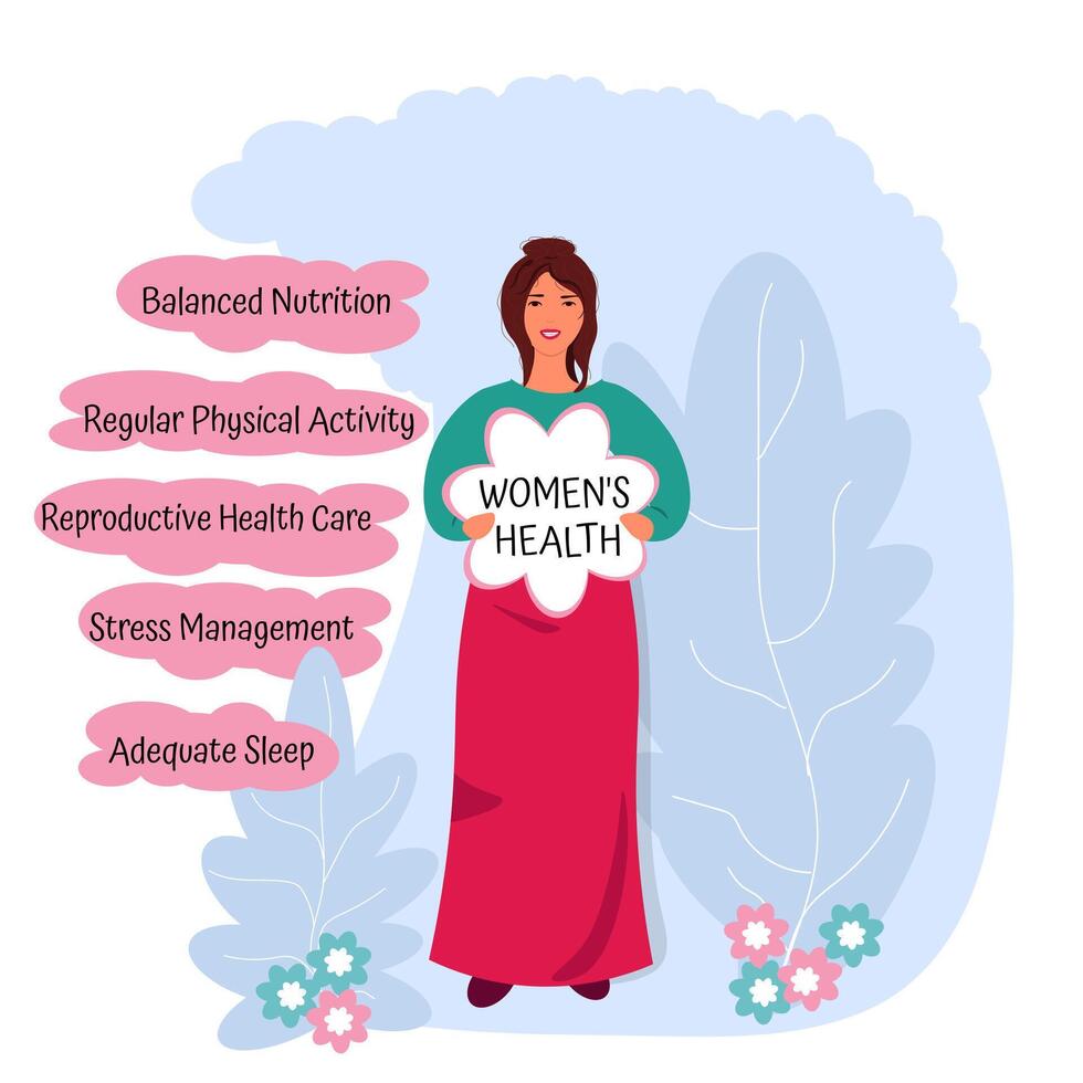 Woman with a flower and clouds with five essentials for health. Women's health concept. vector