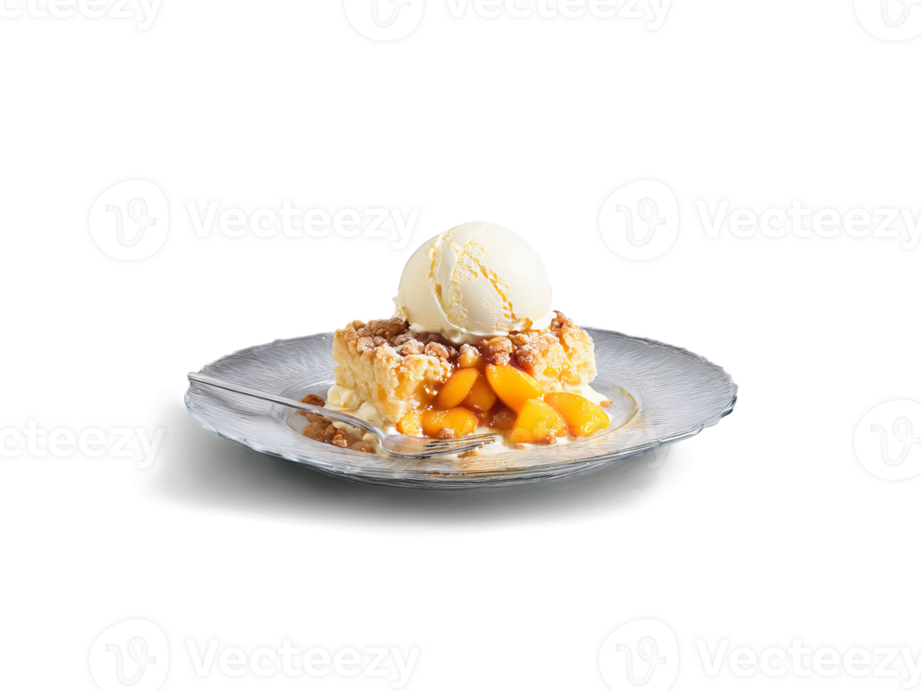 Summer treat peach cobbler with a scoop of vanilla ice cream served on a transparent png