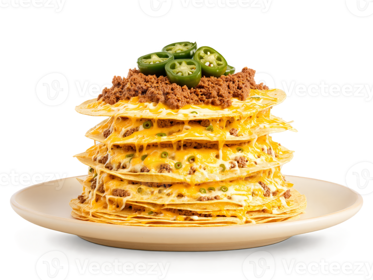 Nachos towering stack of tortilla chips smothered in melted cheese jalapenos and savory ground beef png