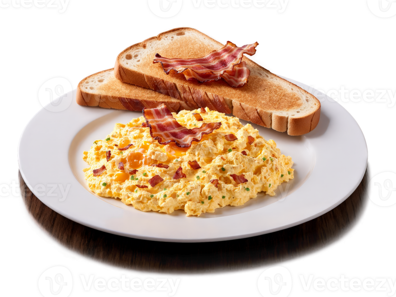 Scrambled Eggs Fluffy scrambled eggs served with crispy bacon and toasted bread against sunny orange png