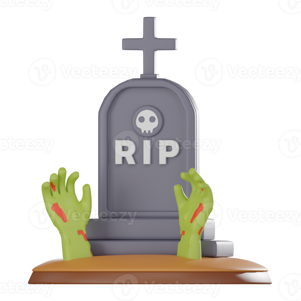 Tombstone 3D Illustration, Gravestone Render with Zombie Hand for Horror Themes png