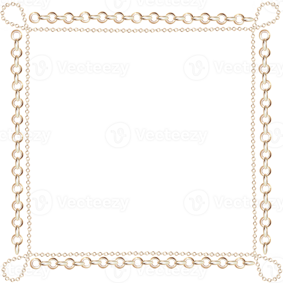 Square frame with different size gold chains in realistic style. Isolated watercolor illustration for scarf design, magazines, web pages, jewelry blogs, fairs and sales png