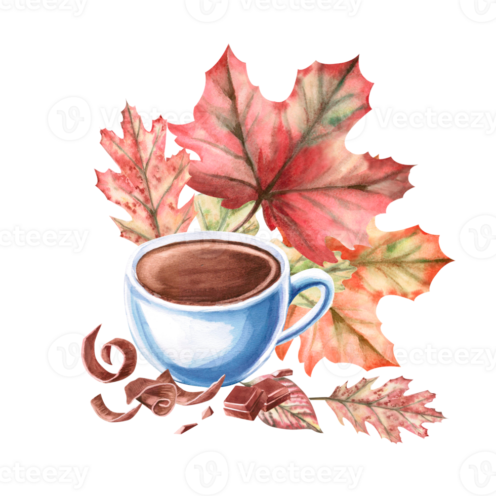 Cup of coffee with chocolate shavings on the background of autumn leaves. Isolated watercolor illustration for seasonal design of coffee shops, menus, advertising signs, sales png
