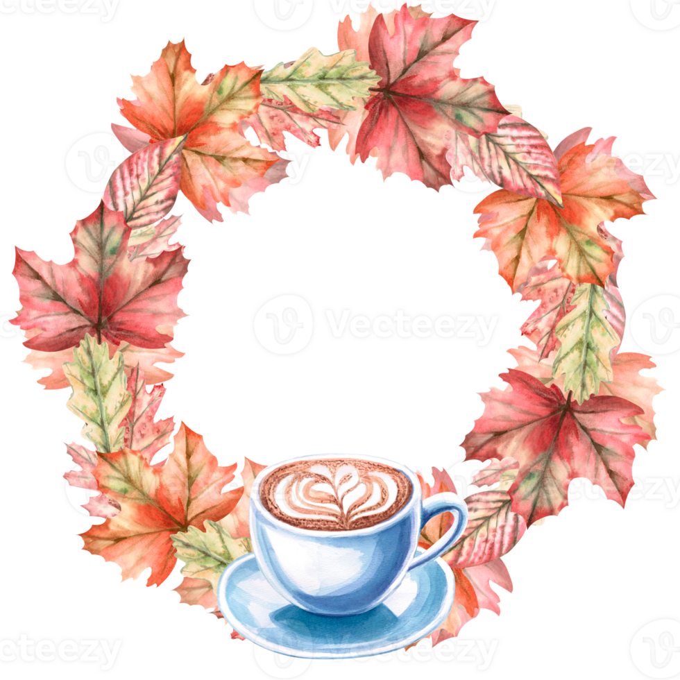 Cup of cappuccino on the background of a wreath of autumn leaves. Isolated watercolor illustration for the design of coffee shops, menus, advertising signs, sales png