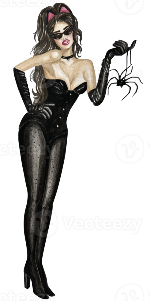 Hand-drawn watercolor pretty witch in a black latex with a spider illustration. Halloween clip art. png
