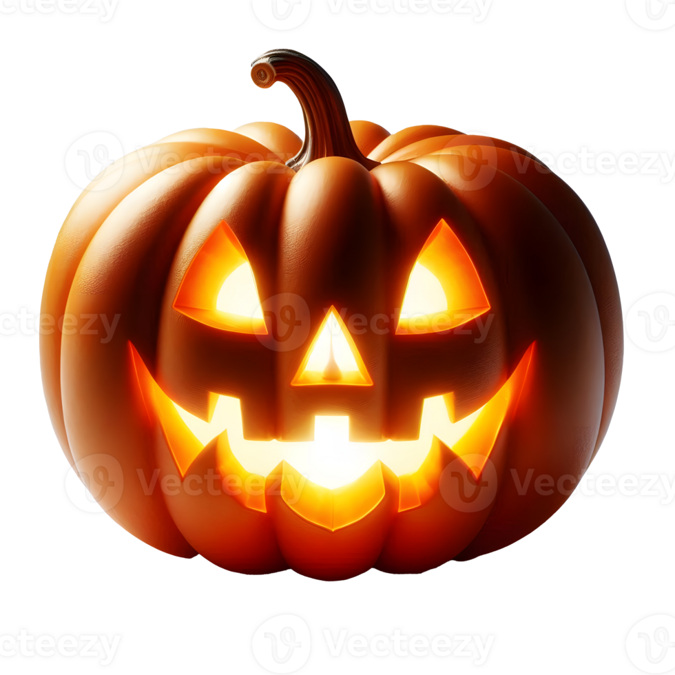 A single spooky halloween pumpkin jack o lantern carved scary face cut against isolated in transparent background evil face and eyes fun character straight looking lit red light glowing effect png