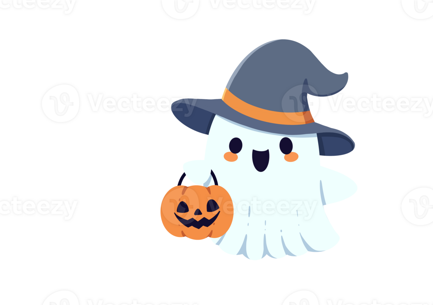 Happy cute smile ghost wearing witch hat holding pumpkin bucket png